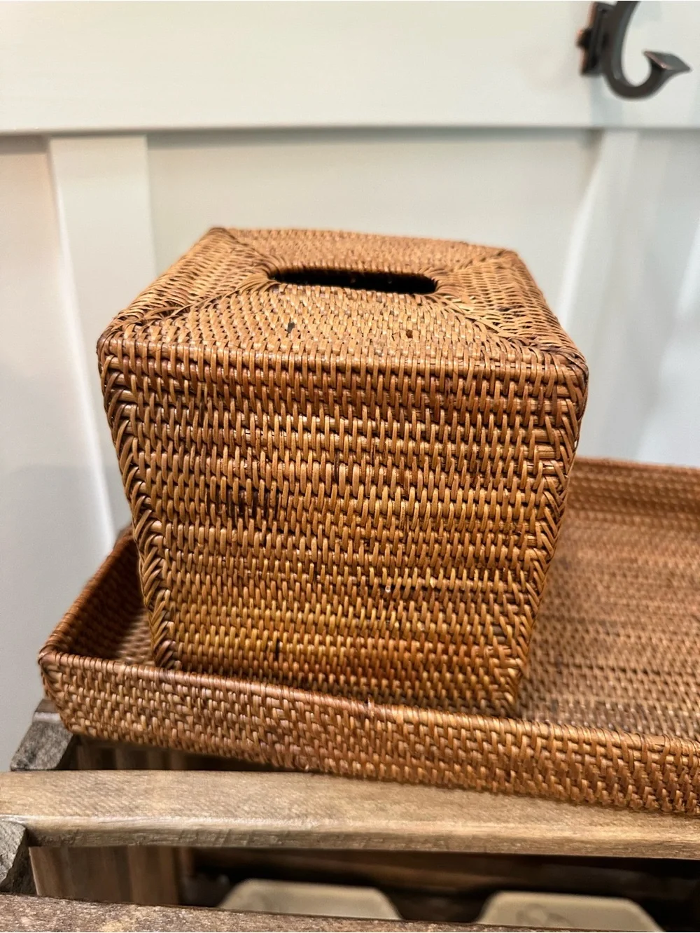 Woven Rattan Tissue Box Holder Cover & Tray Set - Natural Earthy Brown Classy